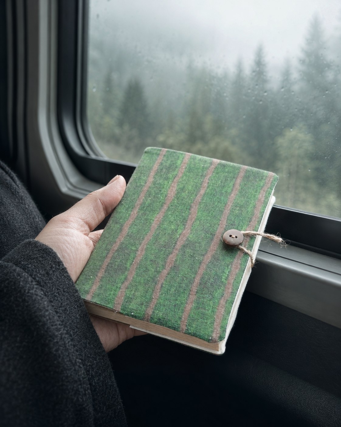 Acrehand notebook with green striped cloth cover held beside a rainy train window