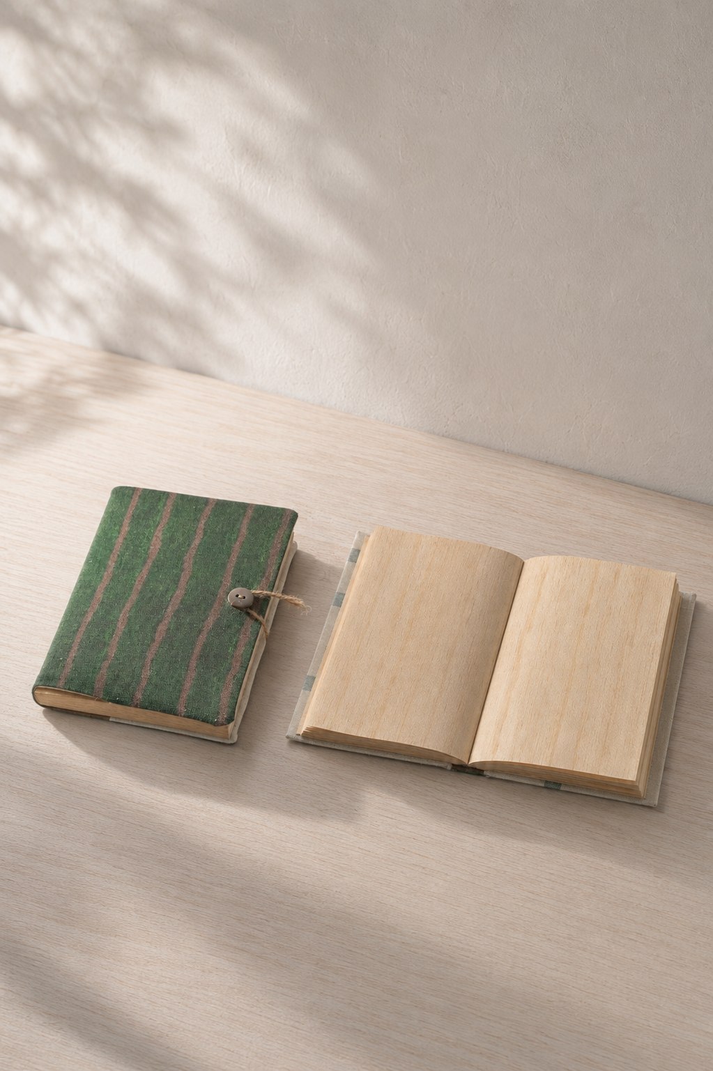 Acrehand wood page notebook shown closed and open on a pale wooden table