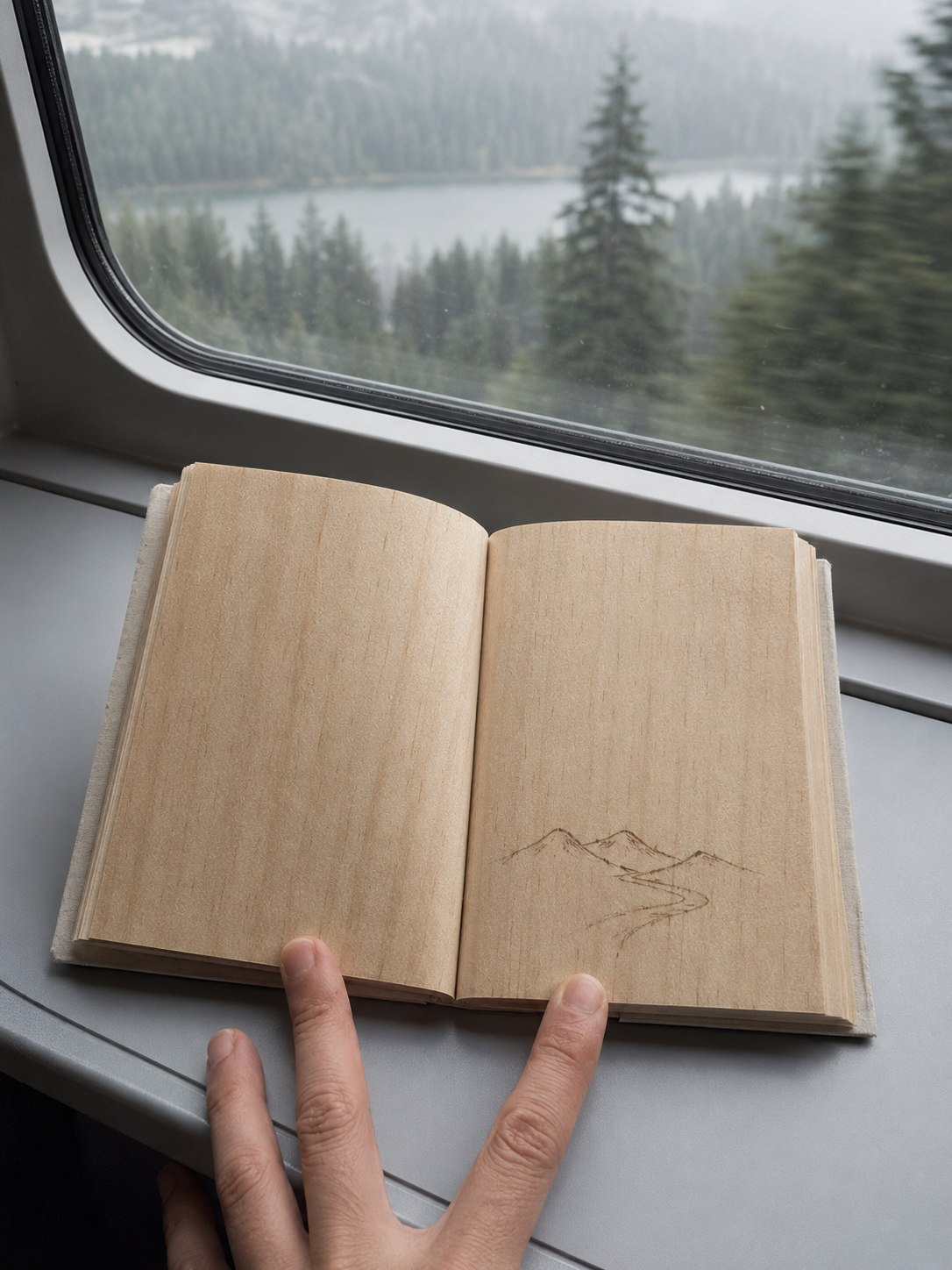 Open Acrehand wood page notebook beside a train window with forest scenery