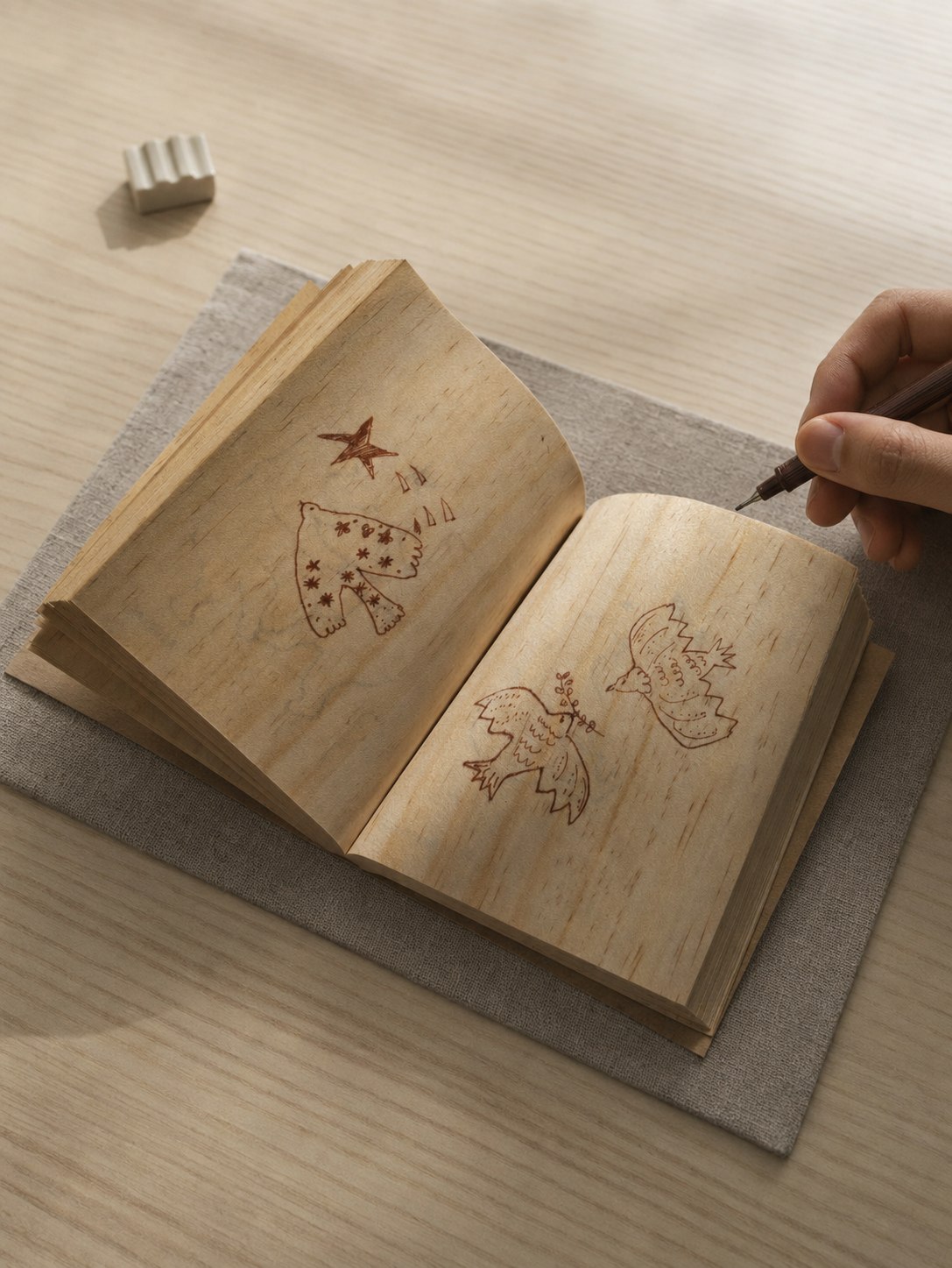 A hand drawing small bird sketches on the wooden pages of an Acrehand notebook