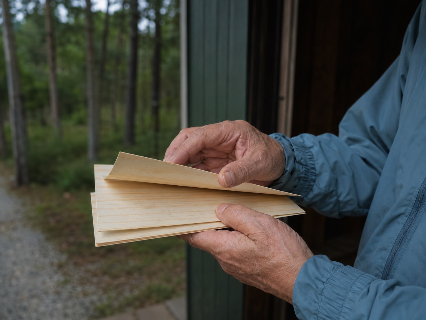 Hands turning thin wood veneer pages near a workshop doorway and forest view
